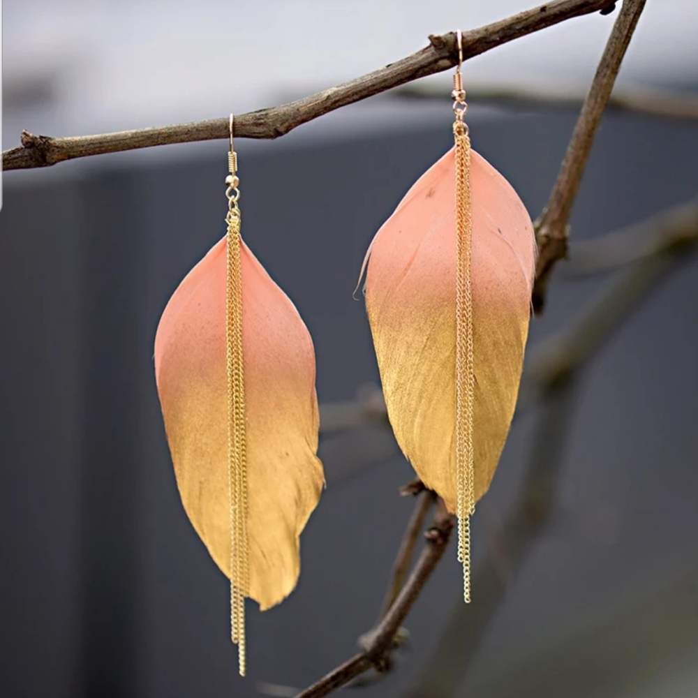 Exotic Feather Dipped in Gold Long Earrings 4in